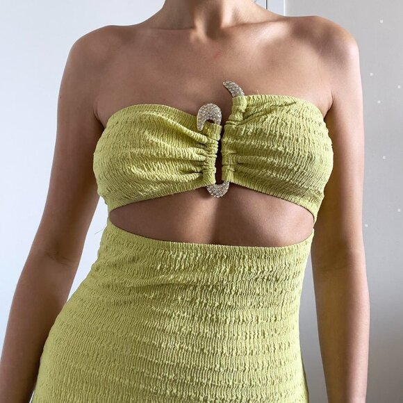Lime green cut out strapless bodycon slit maxi dress gold rhinestone | Size S - Picture 2 of 6